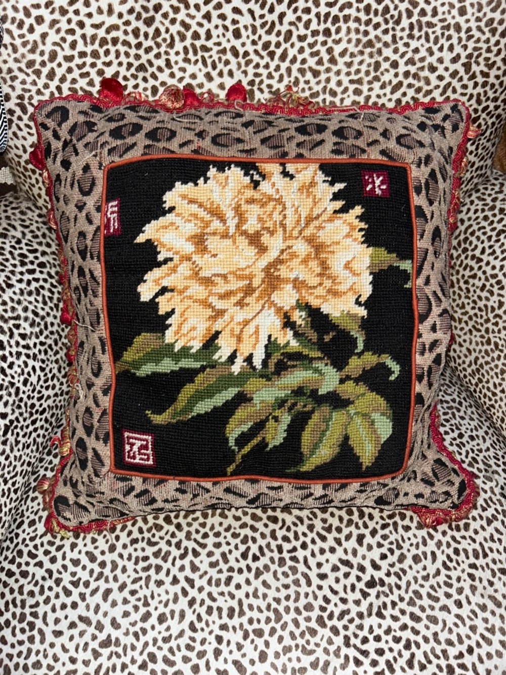 Antique Leopard trim peony flower needlepoint accent pillow
